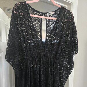 Miken Women's Plunge-Neck Lace Kimono Cover-Up - Large (Black)